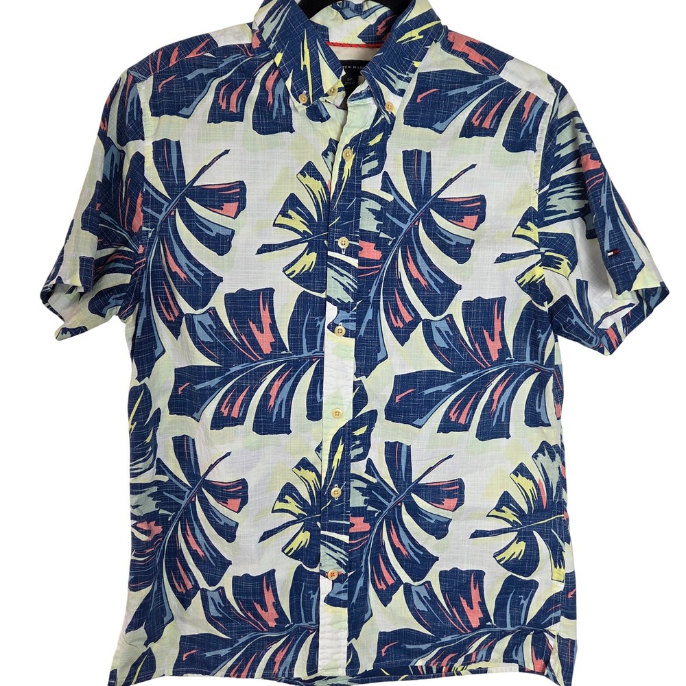 Tommy Hilfiger Tropical Palm Leaf‎ Cotton Button Up Shirt Resort Beach Size S